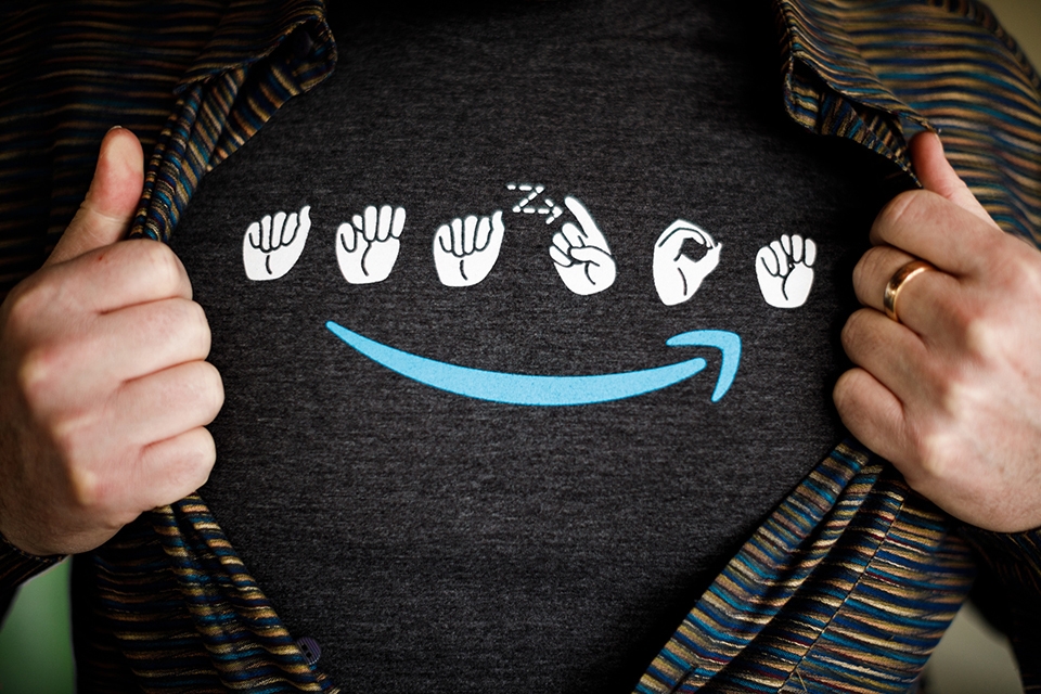 Grey t-shirt with Amazon logo in American Sign Language