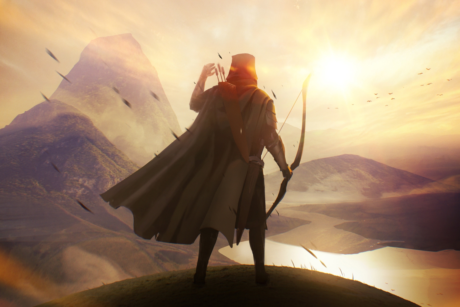 A character holding a bow and arrow looks toward a mountainous landscape illuminated by bright sunshine.