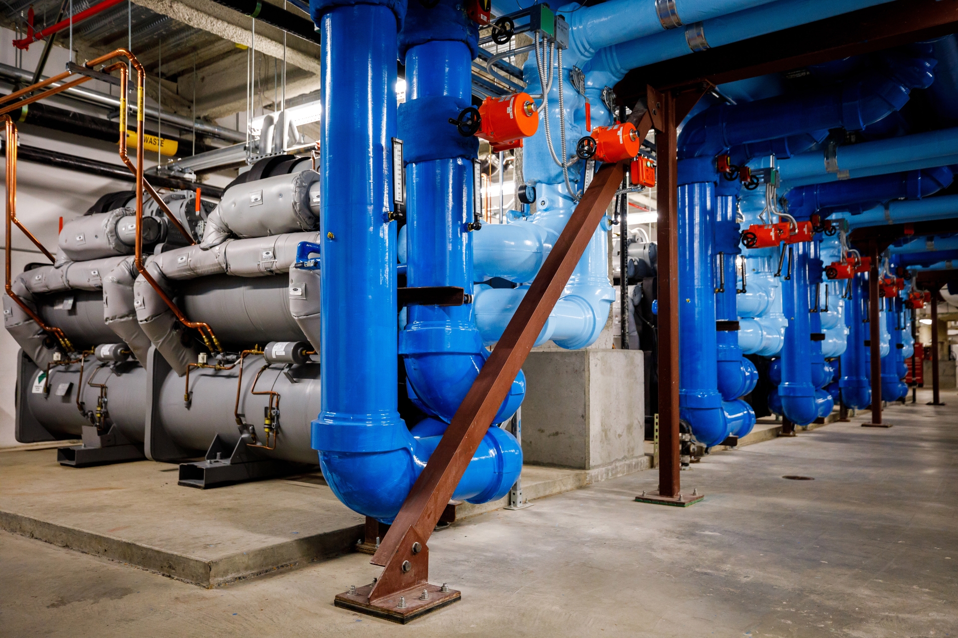 Five industrial chillers in the HVAC plant hidden in Doppler's basement.