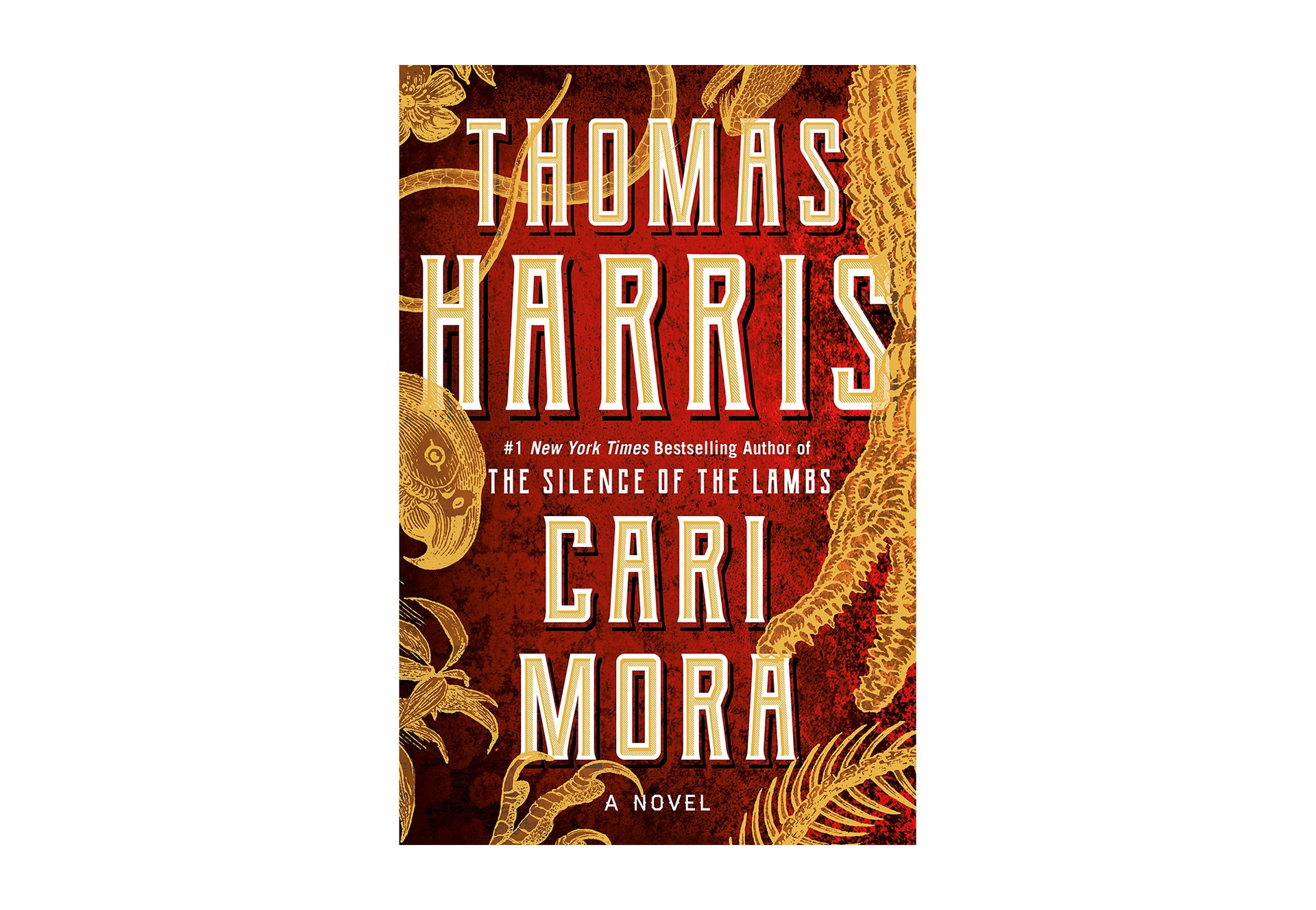 Book cover for the novel "Cari Mora" shows tall, ivory letters with the author's name, and the book title. The background is a deep red, with golden plant leaves swirling about.