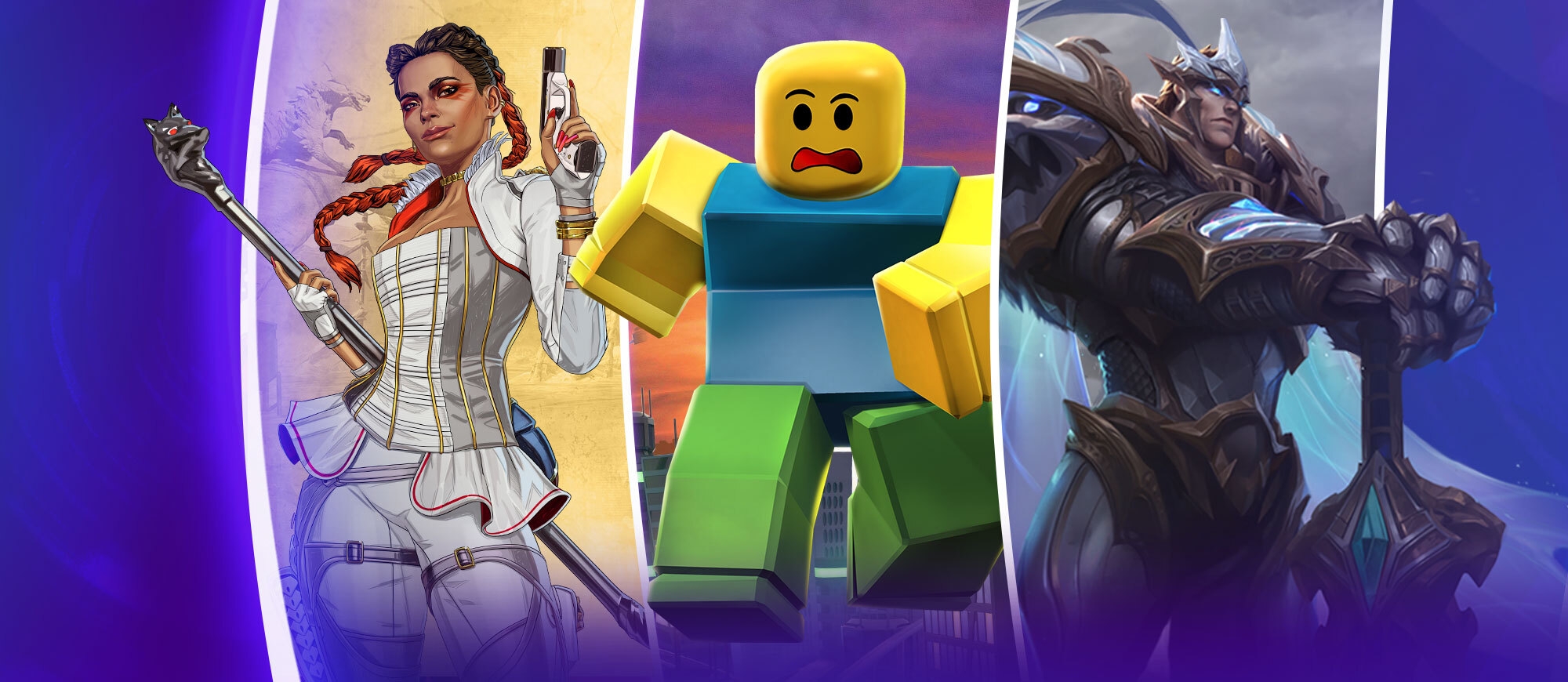 Three graphic characters from video games: a woman with red braids, a white outfit, and a gun; a blocky yellow character running; and a man with laser eyes in a medieval costume. 