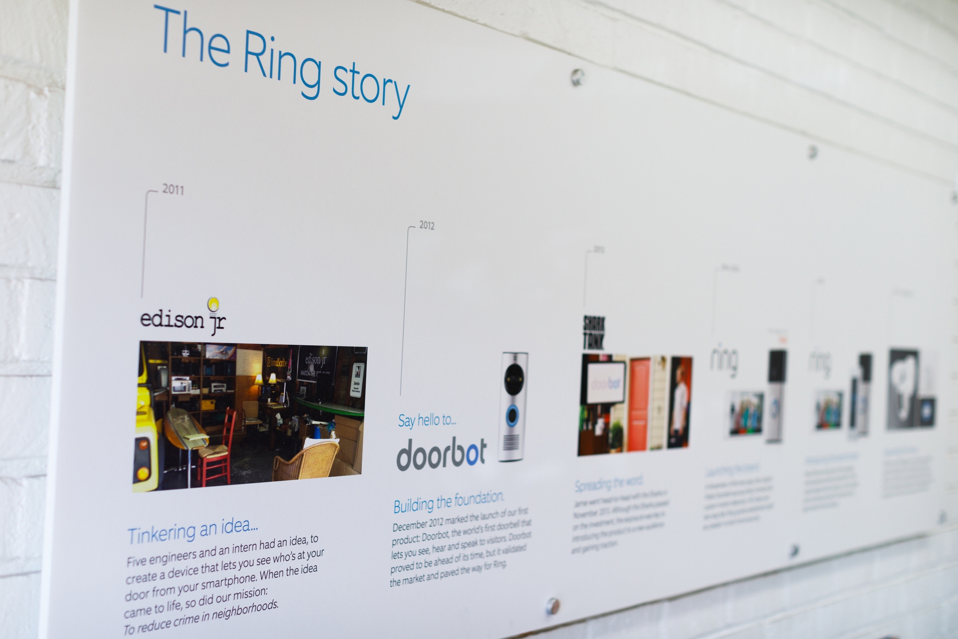 A timeline at Ring headquarters in Santa Monica, CA showing the evolution of the Ring story.