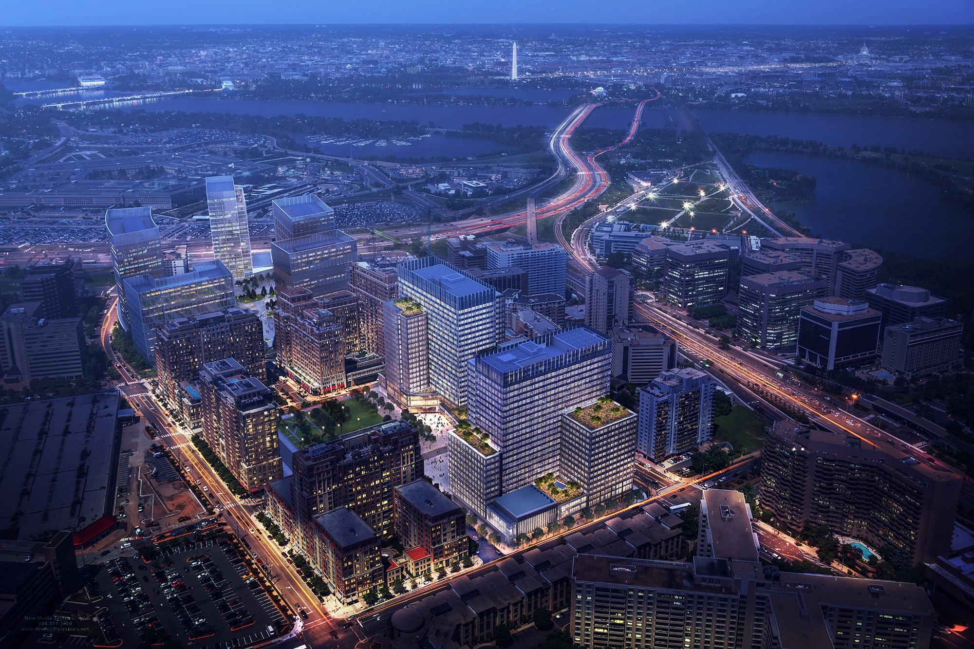 Rendering of Amazon's Arlington campus from above, at night.