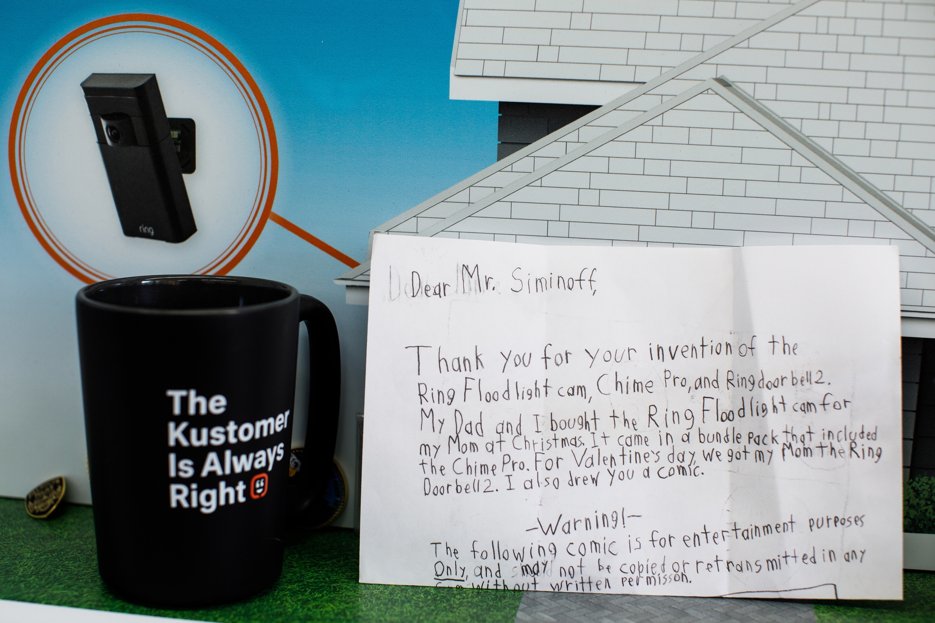 A child's letter to Ring founder Jamie Siminoff, which thanks him for inventing the Ring floodlight cam. 