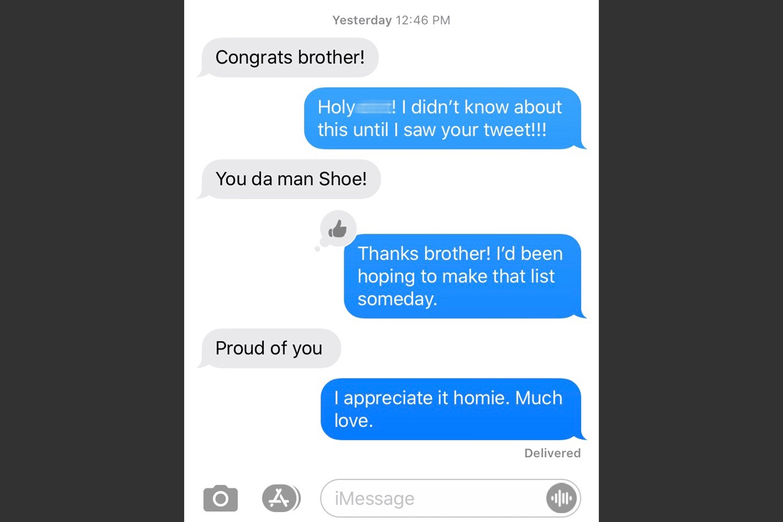 Screen grab of a text thread beginning with the words "Congrats brother!"