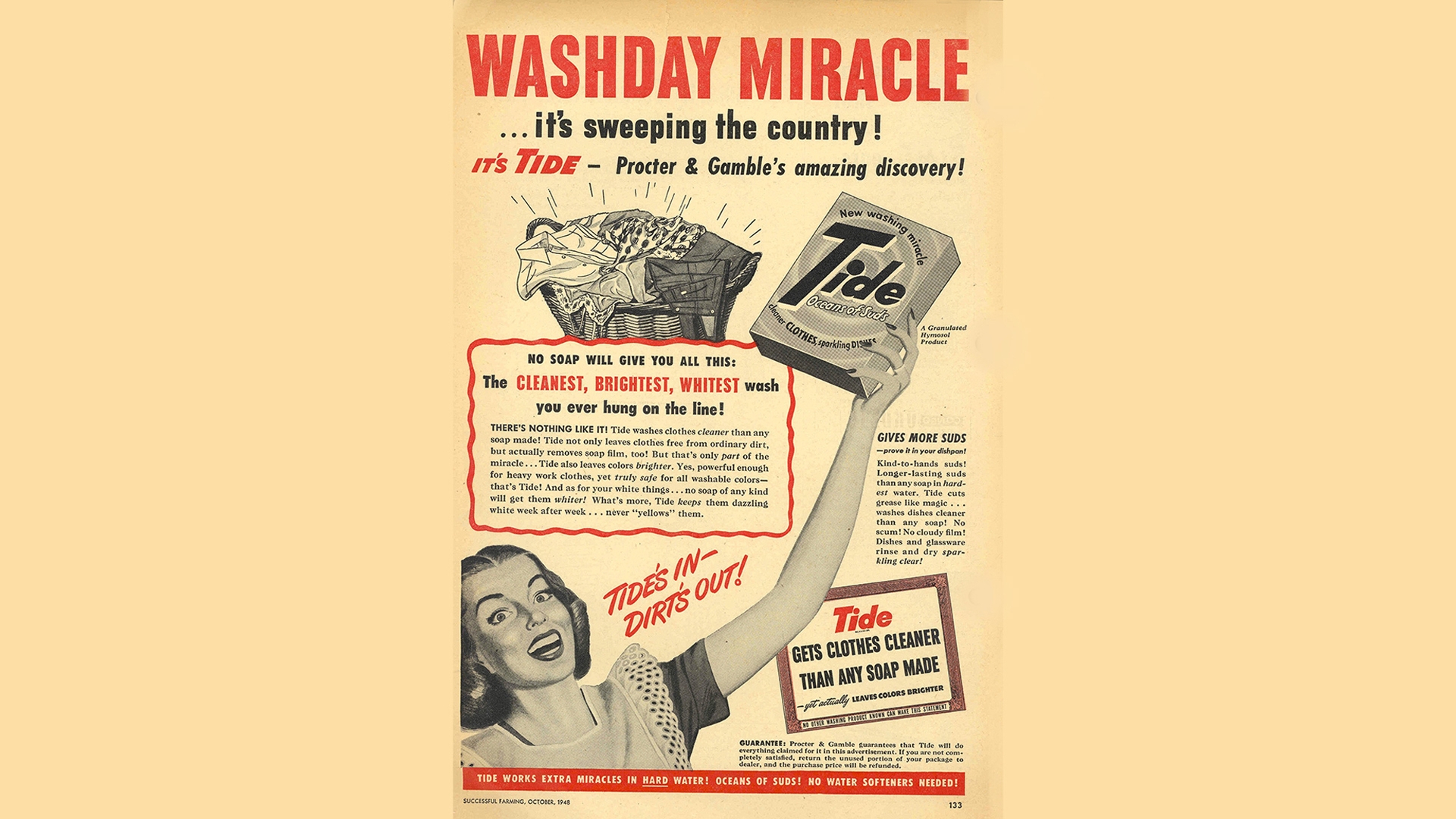 Vintage print advertisement for Tide laundry detergent. The ad shows a woman holding a box of Tide aloft. The text at the top of the ad says "washday miracle" in all-capital letters.